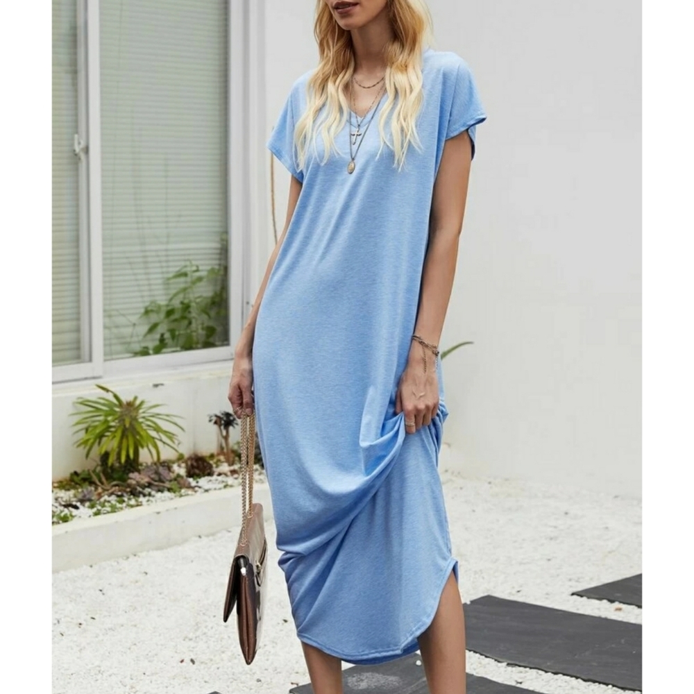 Blue V Neck Maxi Tee Dress